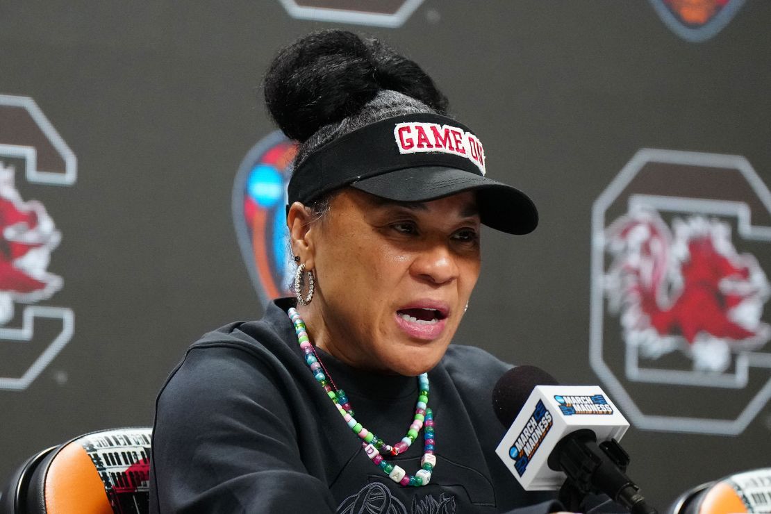 South Carolina Gamecocks coach Dawn Staley speaks to media during a press conference at Rocket Mortgage FieldHouse.