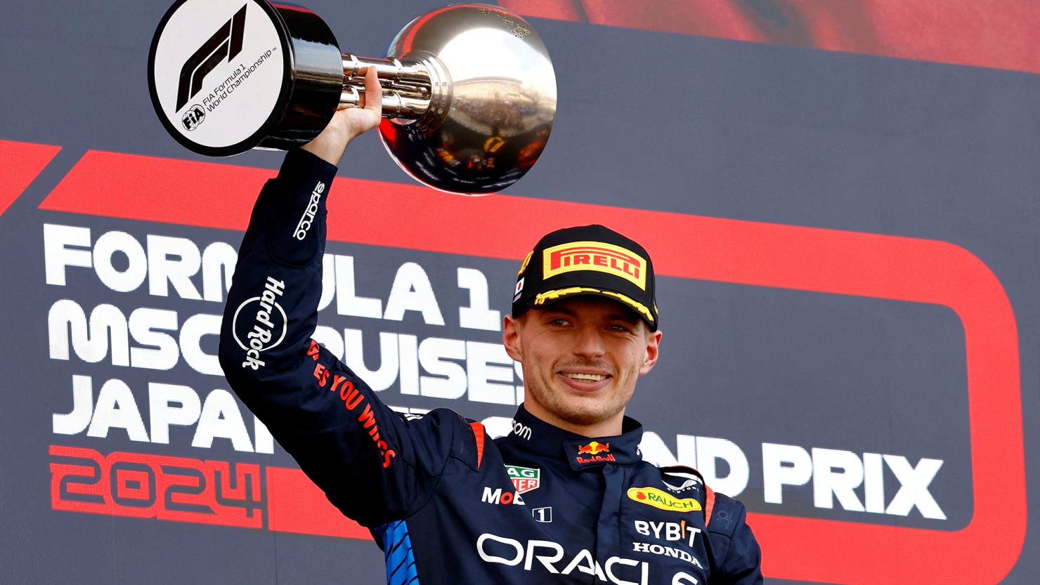 Verstappen celebrates winning the Japanese Grand Prix.