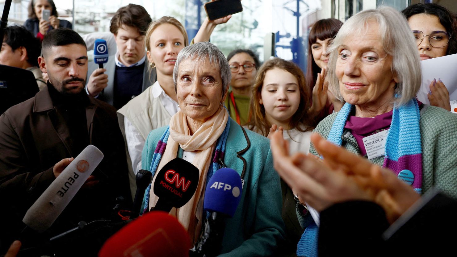 Anne Mahrer and Rosmarie Wyder-Walti, of the Senior Women for Climate Protection, after their victory at the European Court of Human Rights in Strasbourg, France on April 9, 2024.