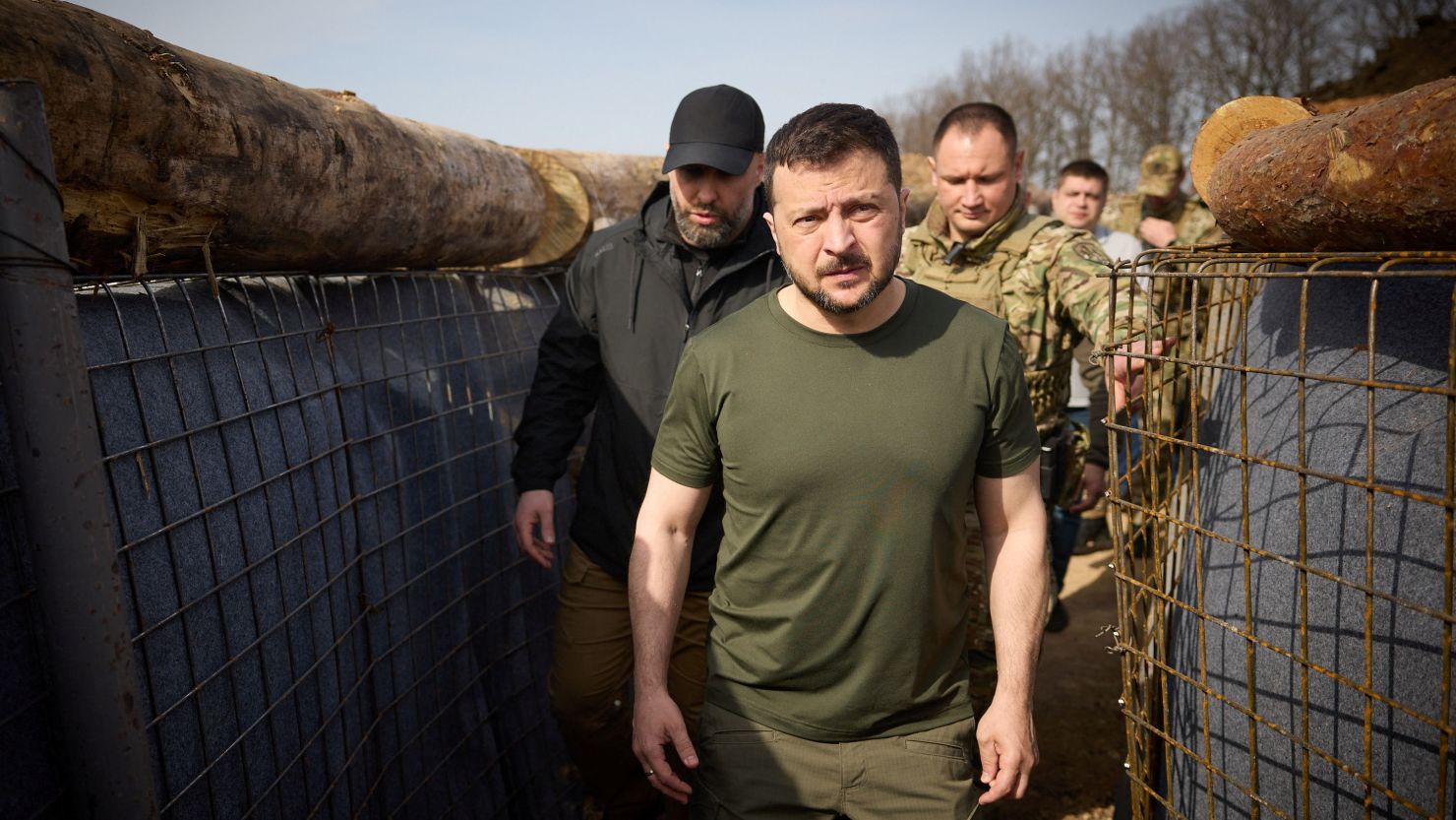 Ukrainian President Volodymyr Zelensky inspects defenses in Kharkiv region, April 9, 2024.