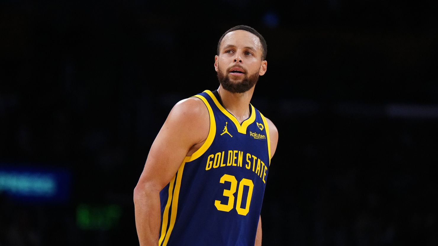 Apr 9, 2024; Los Angeles, California, USA; Golden State Warriors guard Stephen Curry (30) reacts against the Los Angeles Lakers in the second half at Crypto.com Arena. Mandatory Credit: Kirby Lee-USA TODAY Sports