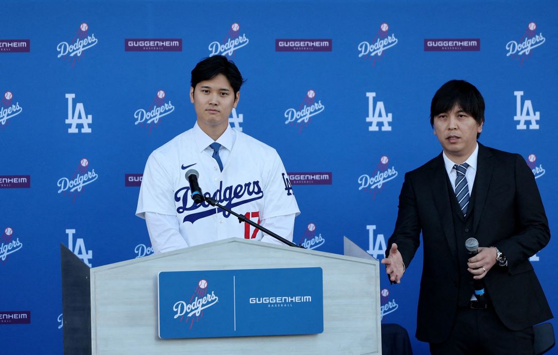 Shohei Ohtani, left, and his then-interpreter Ippei Mizuhara speak on December 14, 2023.