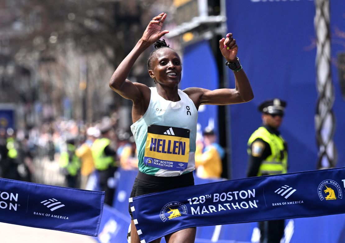 Obiri crosses the finish line to win the women's race at the 2024 Boston Marathon.