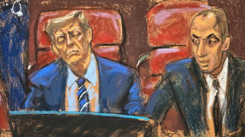 Former U.S. President Donald Trump sits at the defence table beside his lawyer Emil Bove during jury selection in his trial over charges that he falsified business records to conceal money paid to silence porn star Stormy Daniels in 2016, in Manhattan state court in New York City, U.S. April 16, 2024 in this courtroom sketch. REUTERS/Jane Rosenberg