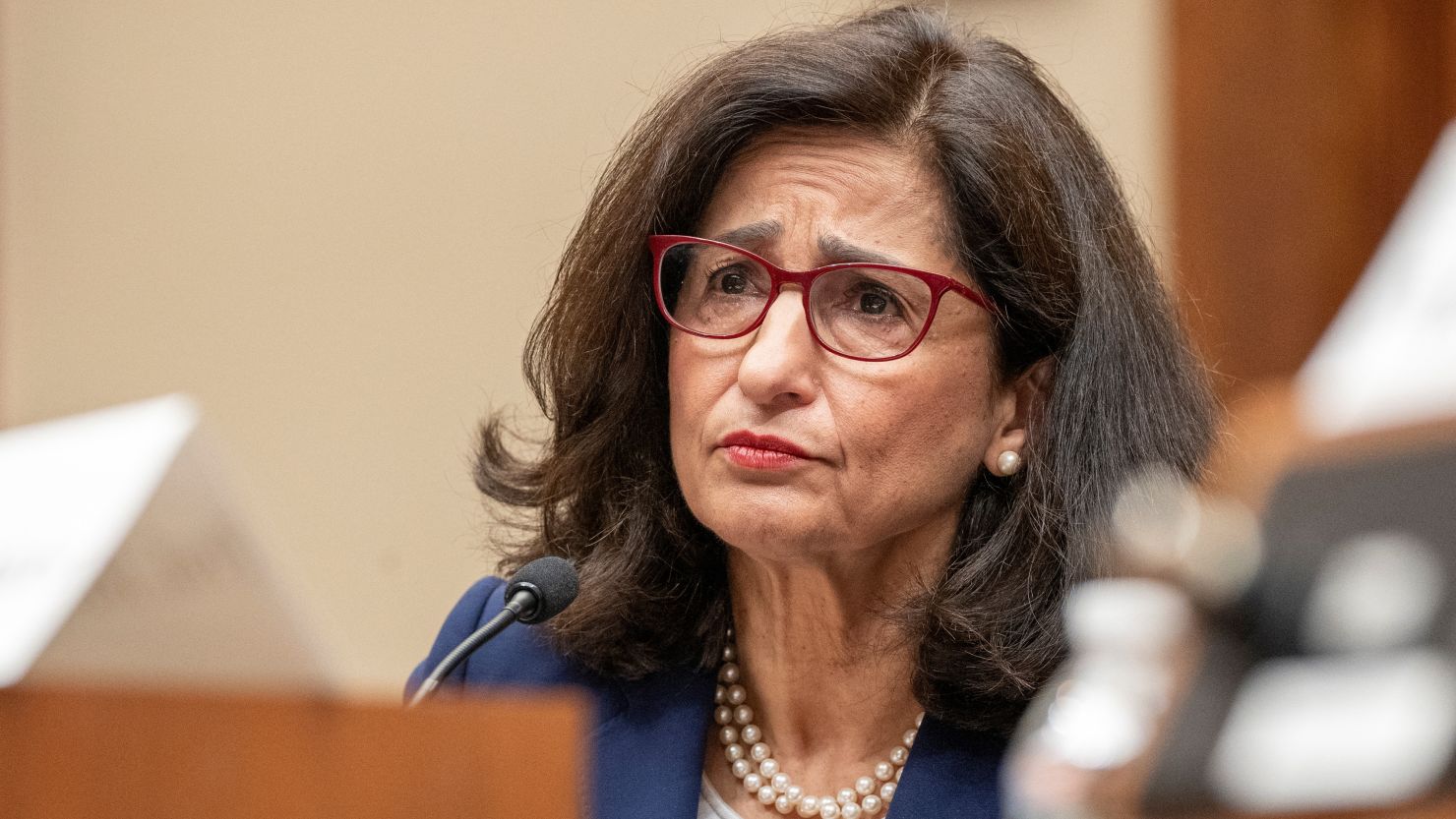 Columbia University President Nemat "Minouche" Shafik testifies before a House Education and the Workforce Committee hearing on "Columbia University's Response to Antisemitism," on Capitol Hill in Washington, DC, April 17, 2024.