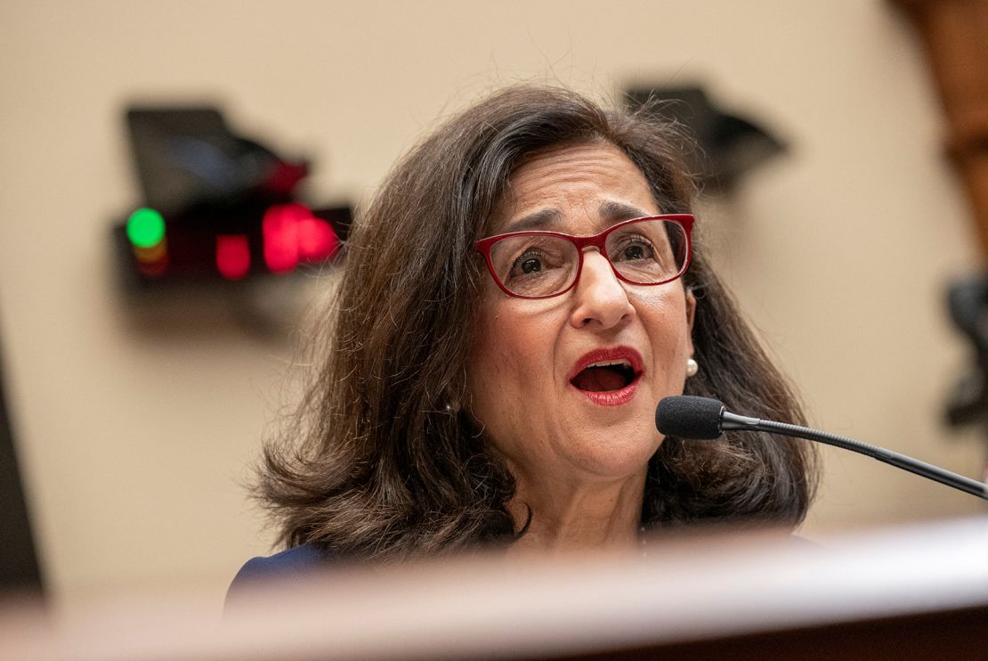 Columbia University President Nemat "Minouche" Shafik testifies before a House Education and the Workforce Committee hearing on "Columbia University's Response to Antisemitism," on Capitol Hill in Washington on April 17.