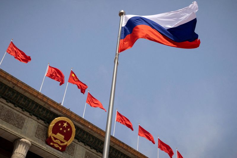 The Russian flag flies in front of the Great Hall of the People before a welcoming ceremony for Russian Prime Minister Mikhail Mishustin in Beijing last May.