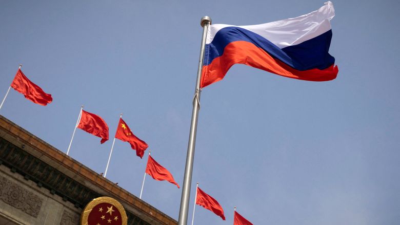 The Russian flag flies in front of the Great Hall of the People before a welcoming ceremony for Russian Prime Minister Mikhail Mishustin in Beijing last May.