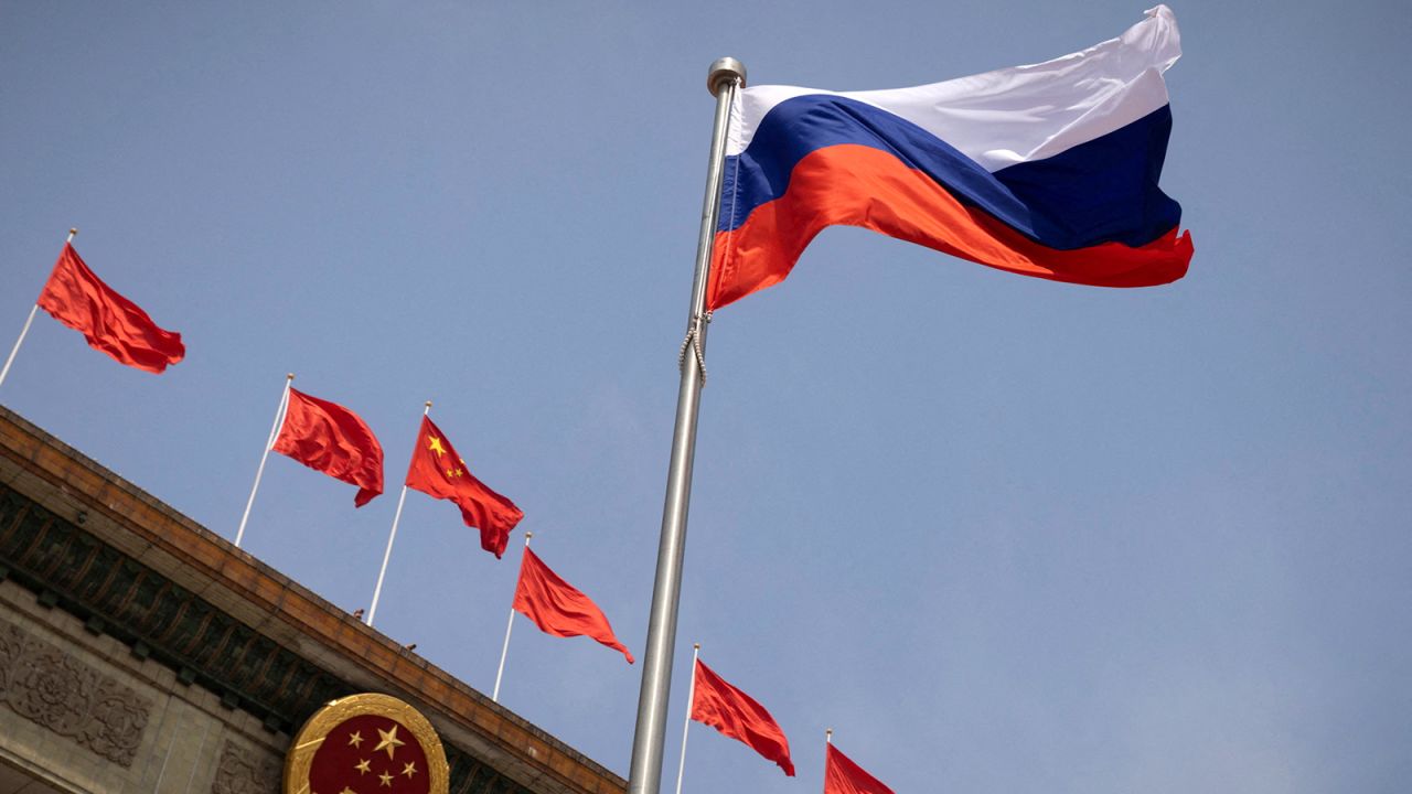 The Russian flag flies in front of the Great Hall of the People before a welcoming ceremony for Russian Prime Minister Mikhail Mishustin in Beijing last May.