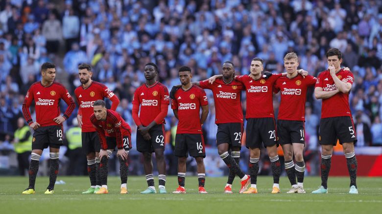 Soccer Football - FA Cup - Semi Final - Coventry City v Manchester United - Wembley Stadium, London, Britain - April 21, 2024 
Manchester United players line up during the penalty shootout Action Images via Reuters/Andrew Couldridge