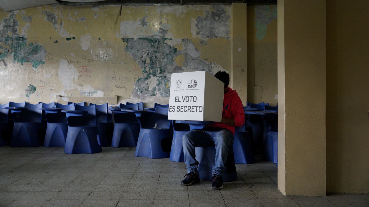 A man takes part in a referendum that asks voters to support mostly security-related questions to fight rising violence, in Guayaquil, Ecuador, April 21, 2024.