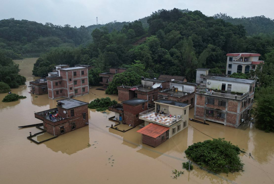 Houses submerged in floodwaters in Qingyuan, Guangdong province, on April 22, 2024.
