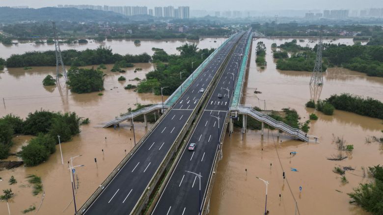 A drone view shows roads submerged in floodwaters following heavy rainfall, in Qingyuan, Guangdong province, China on April 22, 2024.