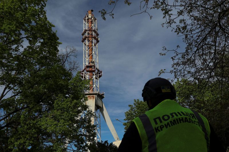 The television tower in Kharkiv, Ukraine, after its top crashed to the ground following a Russian missile strike on April 22, 2024.