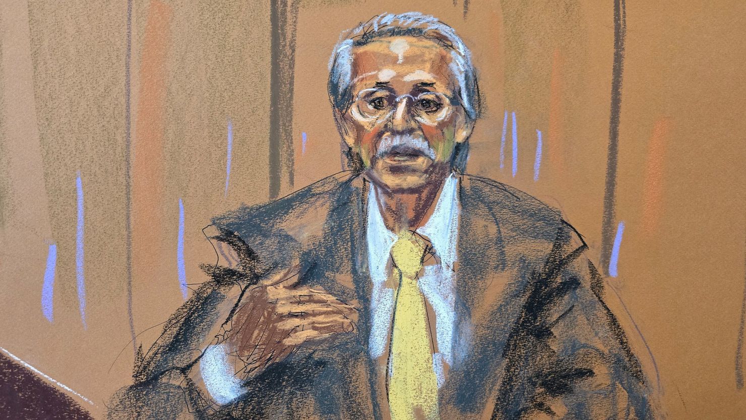 Former National Enquirer publisher David Pecker speaks from the witness stand during former U.S. President Donald Trump's criminal trial.
