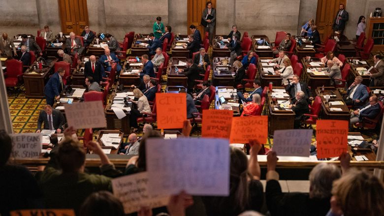 Gun reform activists protest in the house Gallery at the Tennessee State Capitol building as the House votes to adopt Senate Bill SB1325, which would authorize teachers, principals, and school personnel to carry a concealed handgun on school grounds, in Nashville, Tennessee, U.S., April 23, 2024.   REUTERS/Seth Herald