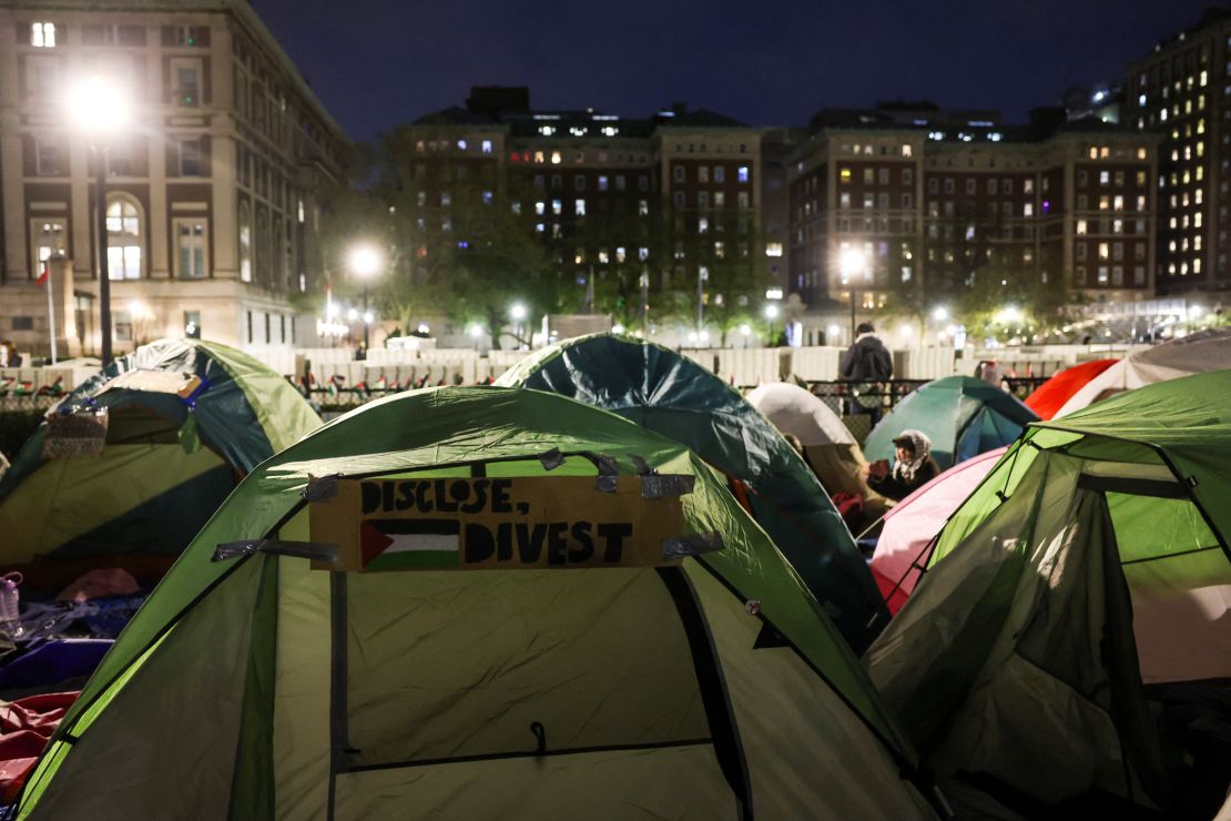 Students prepare to camp overnight as they continue to protest on Columbia University campus in support of Palestinians on April 23.