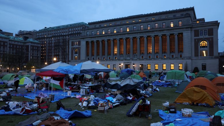 Protesters continue to maintain the encampment on Columbia University campus on April 24 in New York City, after a tense night of negotiations.