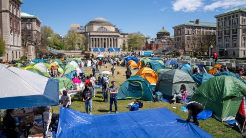Protesters continue to maintain the encampment on Columbia University campus, after a tense night of negotiations, in support of Palestinians, amid the ongoing conflict between Israel and the Palestinian Islamist group Hamas, in New York City, U.S., April 24, 2024.REUTERS/David 'Dee' Delgado