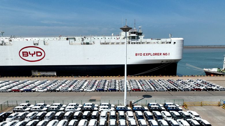 BYD electric vehicles awaiting export at the port in Lianyungang in Jiangsu province, China, on April 25, 2024
