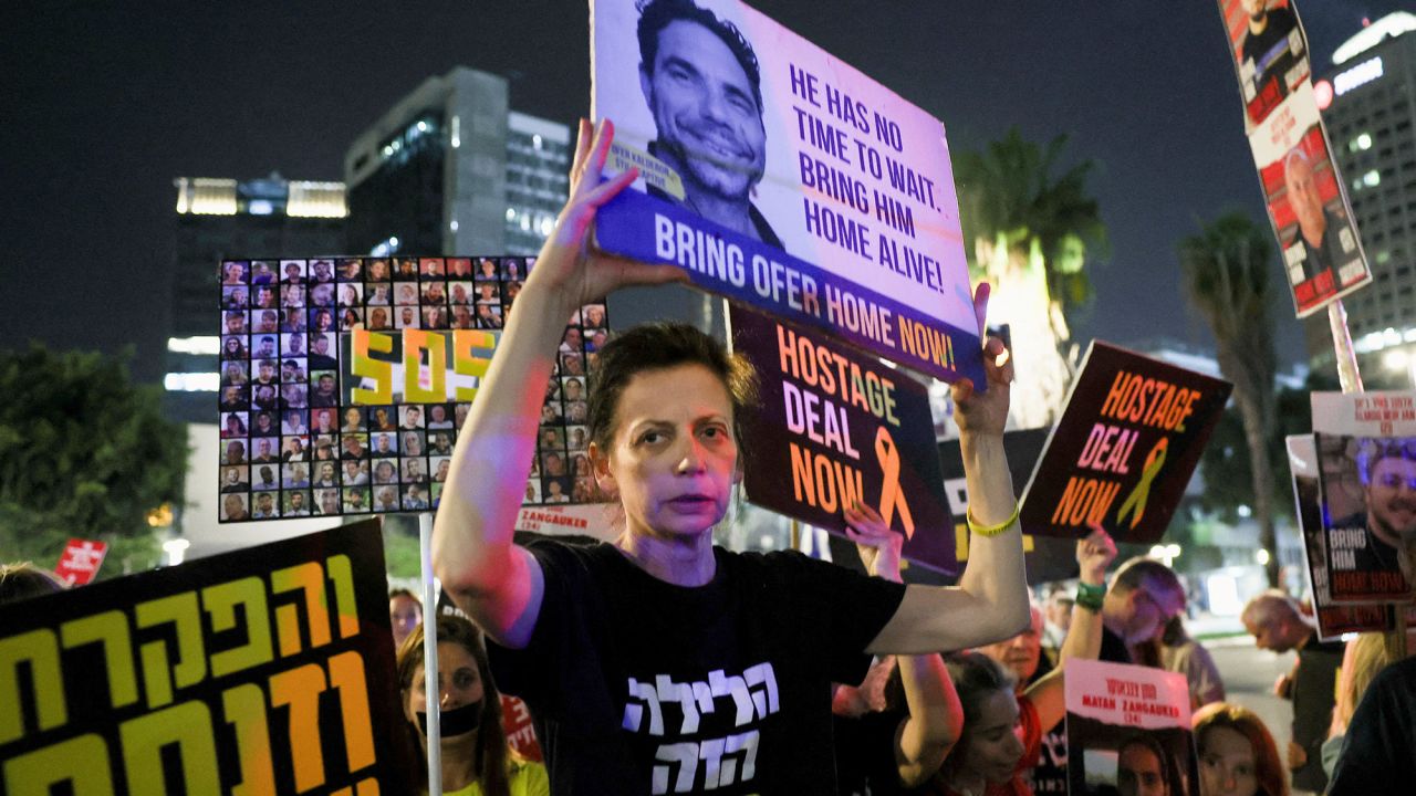 Protesters hold posters as they rally calling for the immediate release of Israeli hostages held in Gaza since the deadly October 7 attack on Israel by the Palestinian Islamist group Hamas, in Tel Aviv, Israel April 25, 2024. REUTERS/Shannon Stapleton TPX IMAGES OF THE DAY