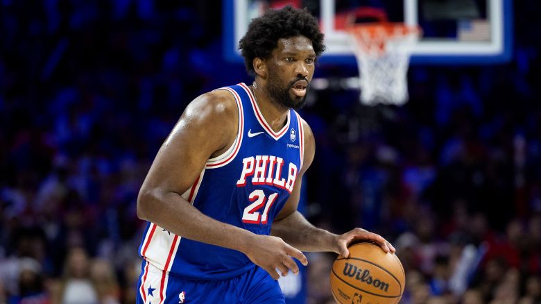 Apr 25, 2024; Philadelphia, Pennsylvania, USA; Philadelphia 76ers center Joel Embiid (21) dribbles against the New York Knicks during the second half of game three of the first round for the 2024 NBA playoffs at Wells Fargo Center. Mandatory Credit: Bill Streicher-USA TODAY Sports