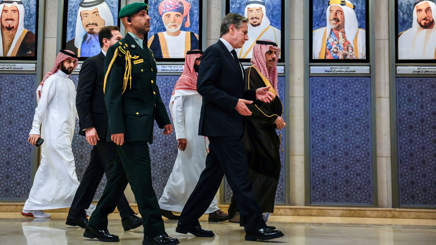 Secretary of State Antony Blinken walks with Saudi Arabian Foreign Minister Prince Faisal bin Farhan bin Abdullah to a Joint Ministerial Meeting of the GCC-US Strategic Partnership on April 29, 204 in Riyadh, Saudi Arabia.
