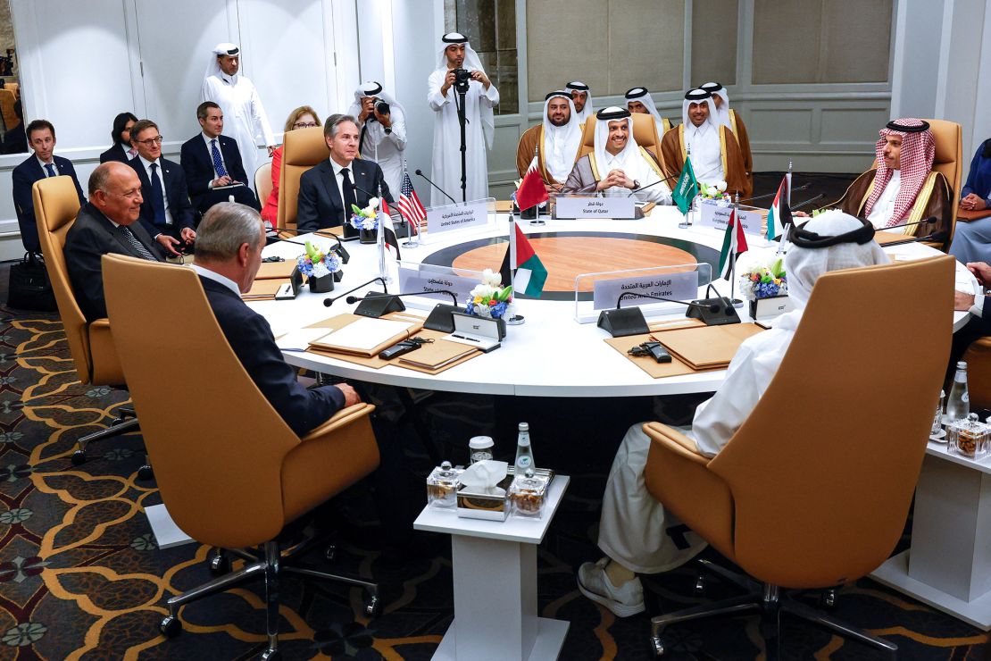 US Secretary of State Antony Blinken attends the US-Arab Quint Meeting with representatives from Egypt, Jordan, Saudi Arabia, Qatar, the United Arab Emirates and the Palestinian Authority, at the Four Seasons Hotel in Riyadh, Saudi Arabia on April 29.