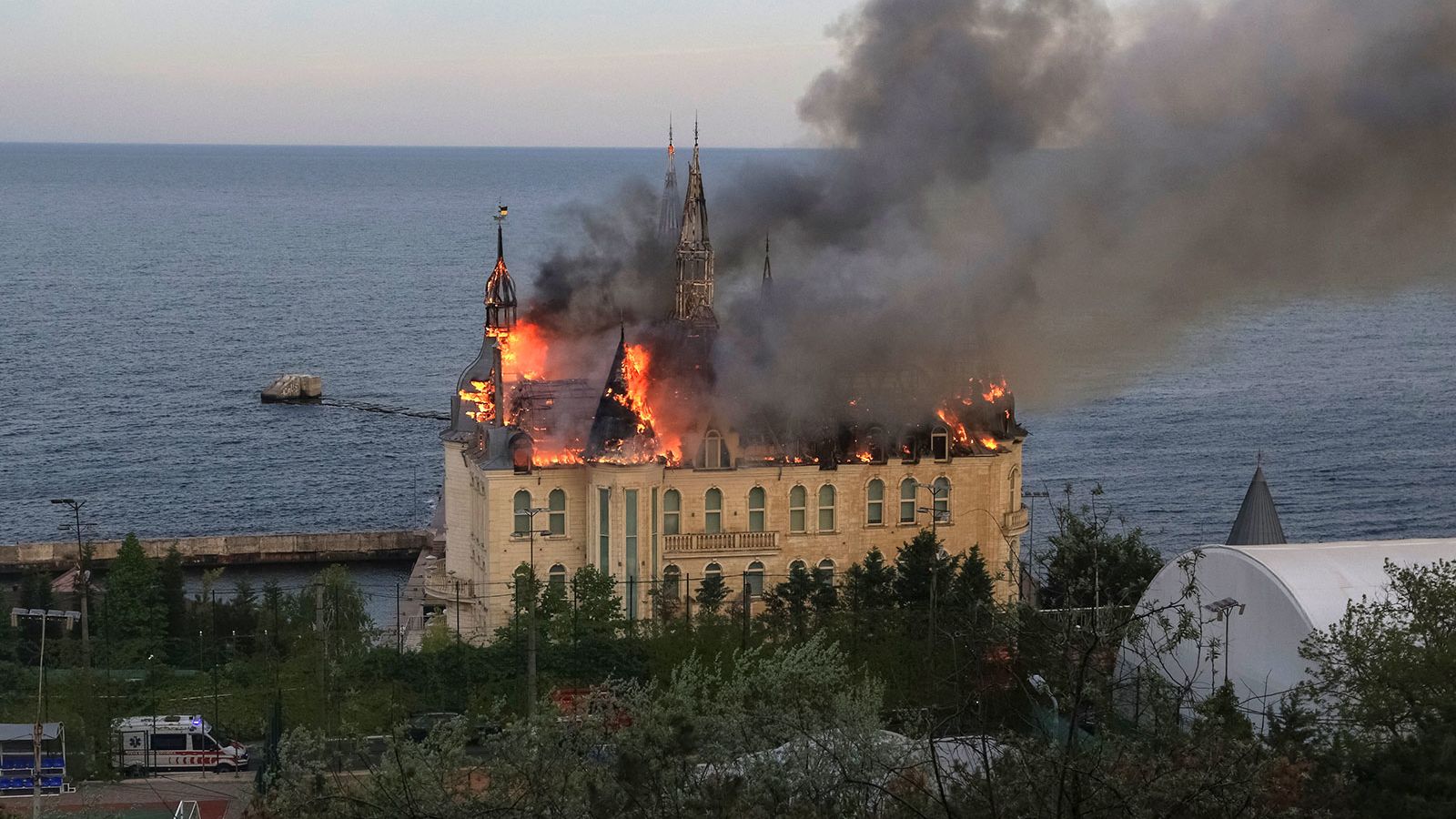 An educational institution known as 'Harry Potter castle' burns after a Russian missile strike in Odesa, Ukraine, on April 29.