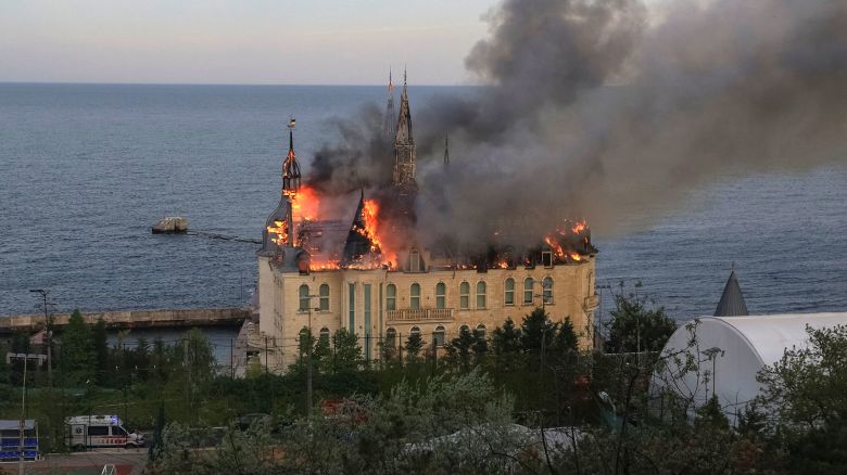 An educational institution known as 'Harry Potter castle' burns after a Russian missile strike in Odesa, Ukraine, on April 29.