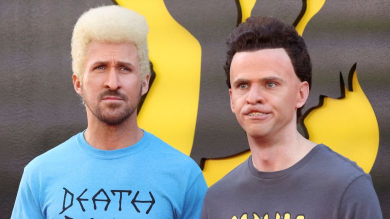 Cast member Ryan Gosling and Mikey Day, dressed as Beavis and Butt-Head from an SNL skit, attend a premiere for the film "The Fall Guy" in Los Angeles, California, U.S. April 30, 2024.