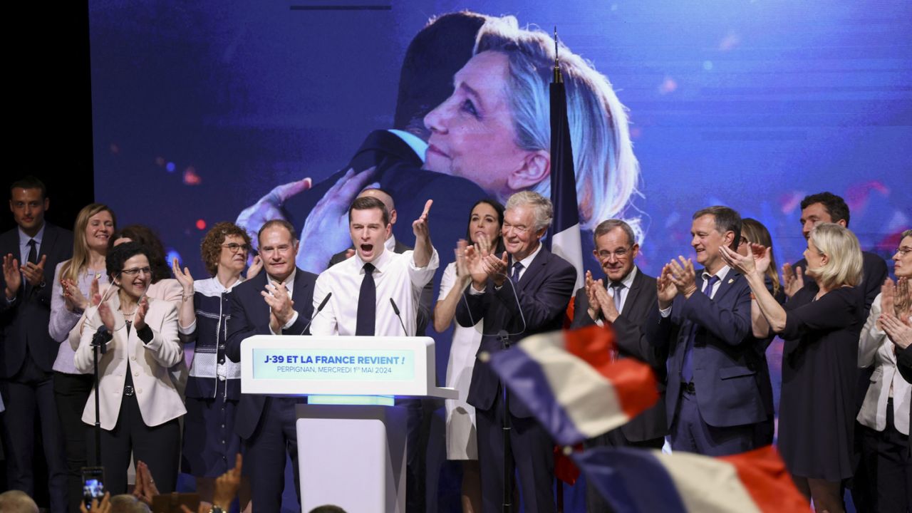 Bardella attends a political rally during the party's campaign for the European elections in Perpignan, France, May 1, 2024.