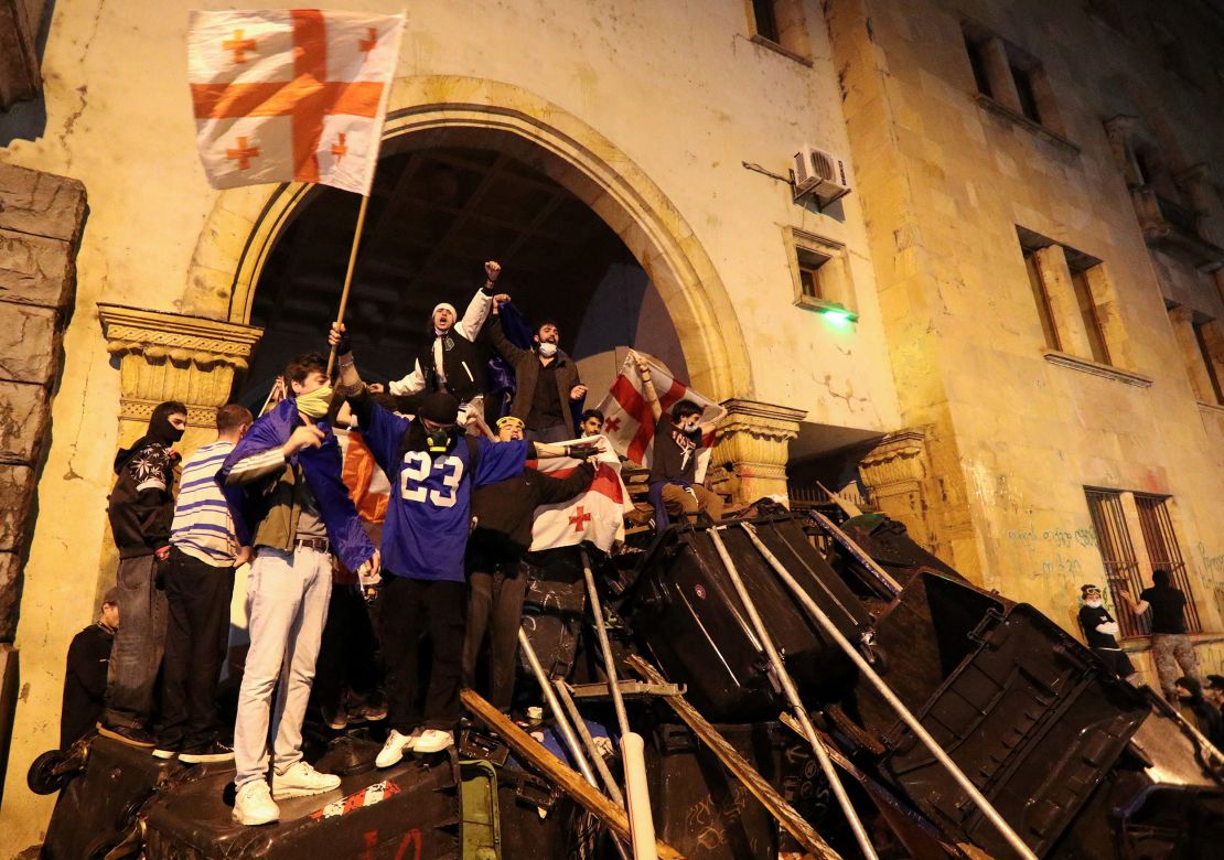 Protesters barricade an entrance to Parliament during a rally, May 2, 2024.