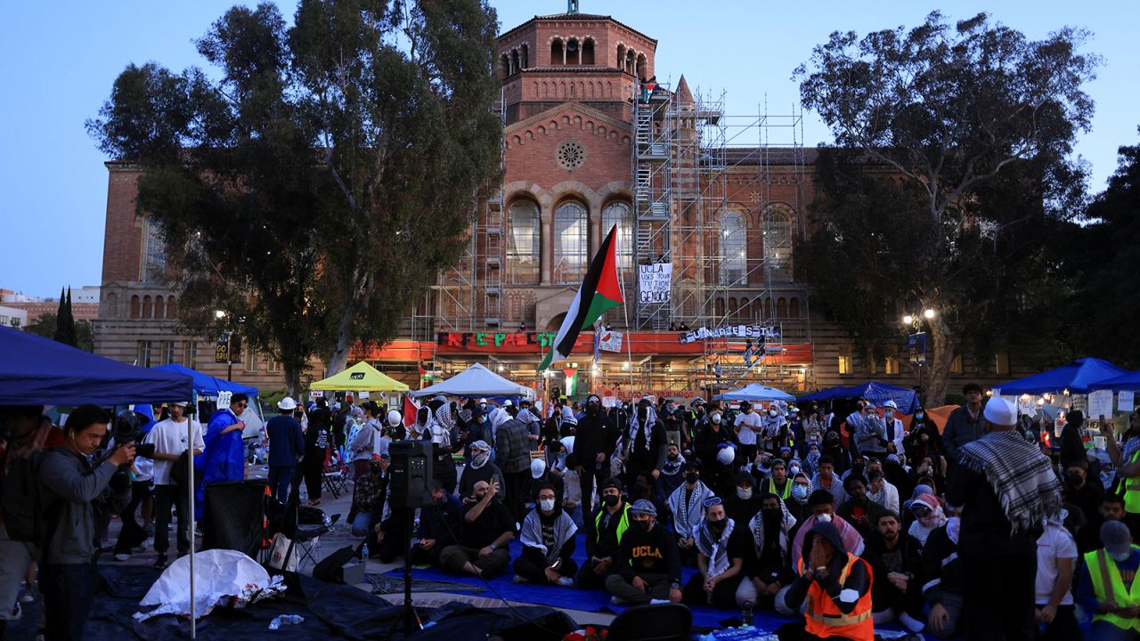Protesters supporting Palestinians in Gaza gather in an encampment at the University of California Los Angeles (UCLA), as the conflict between Israel and the Palestinian Islamist group Hamas continues, in Los Angeles, California, U.S., May 1, 2024.