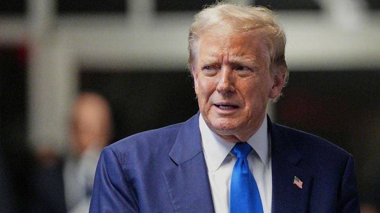 Former President Donald Trump speaks with the media at Manhattan Supreme Court during the proceedings in his criminal trial at the New York State Supreme Court in New York, New York, Friday, May, 3, 2024.