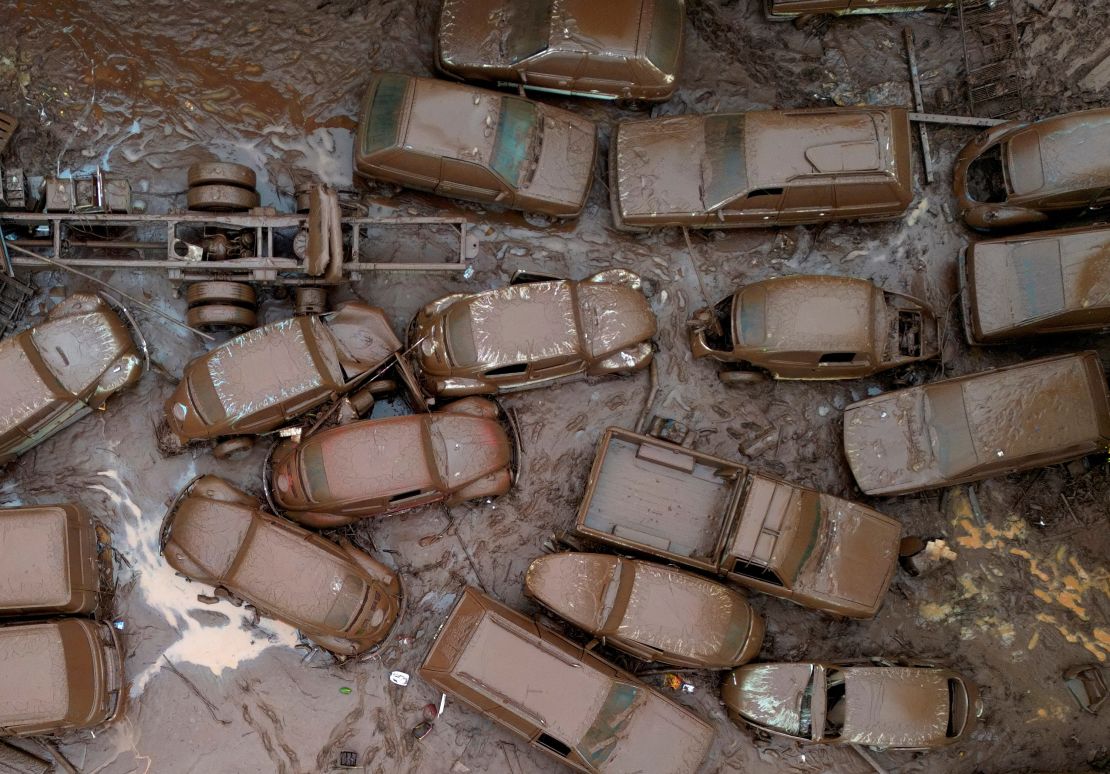 A drone view shows vehicles affected by the floods in Encantado, Rio Grande do Sul state, Brazil, May 3, 2024.