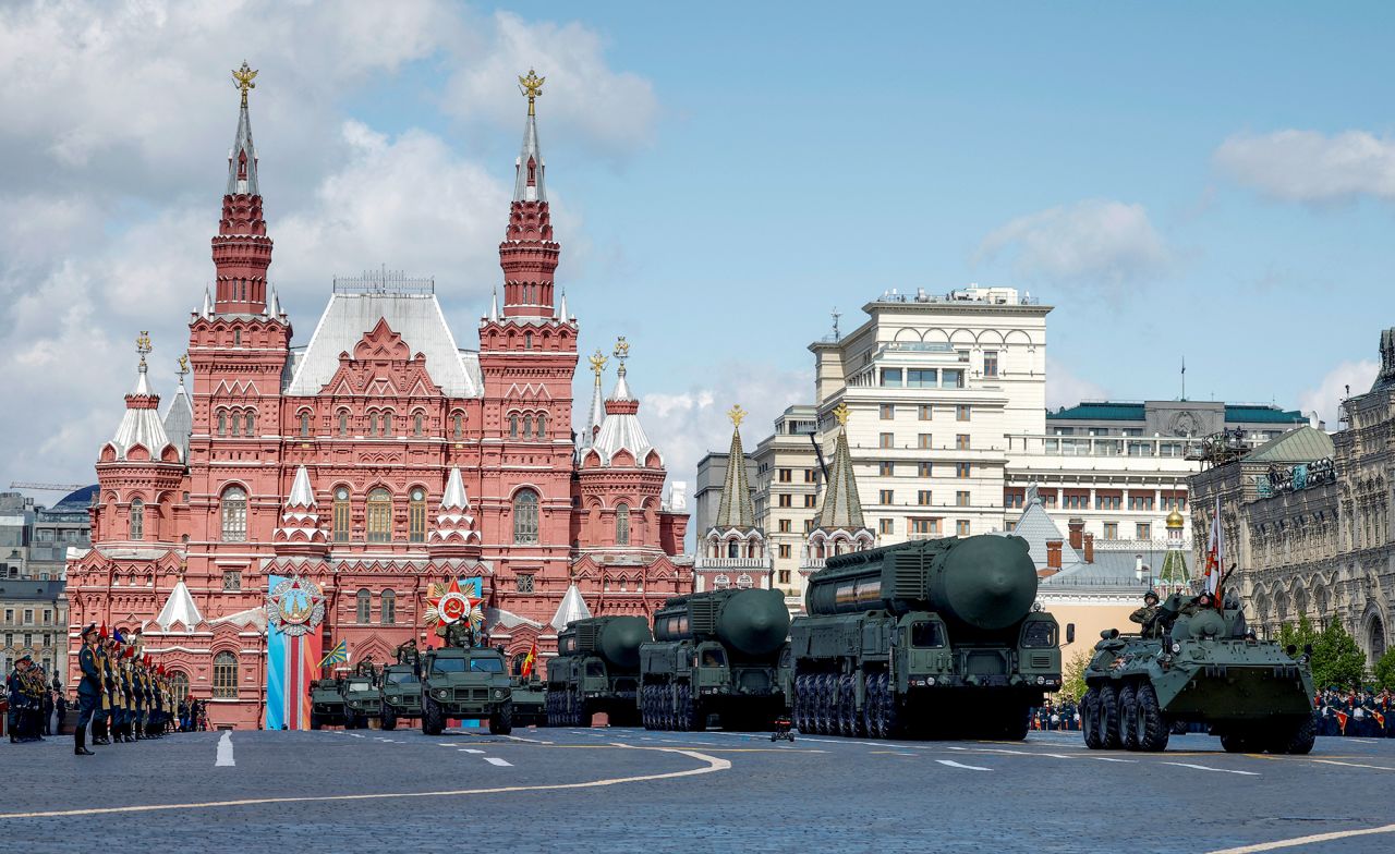 A Russian BTR-82-A armoured personnel carrier, Yars intercontinental ballistic missile system units and Tigr-M all-terrain infantry mobility vehicles drive along Red Square during a rehearsal for a military parade in central Moscow, Russia, on May 5.