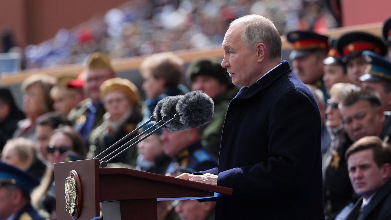 Russian President Vladimir Putin delivers a speech during a military parade on Victory Day, which marks the 79th anniversary of the victory over Nazi Germany in World War Two, in Red Square in Moscow, Russia, May 9, 2024. Sputnik/Mikhail Klimentyev/Pool via REUTERS ATTENTION EDITORS - THIS IMAGE WAS PROVIDED BY A THIRD PARTY.