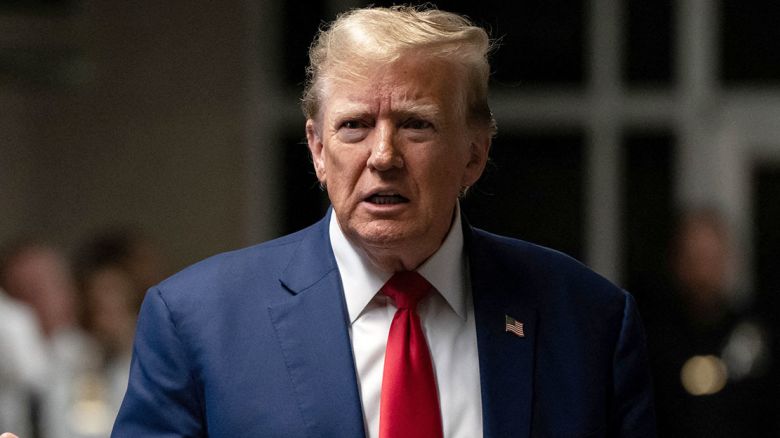 Former President Donald Trump, outside the courtroom at the end of the day’s proceedings in his criminal trial at Manhattan Criminal Court in New York, New York, on May 10, 2024.