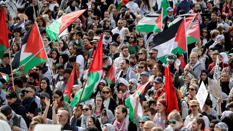 Demonstrators hold Palestinian flags, as people protest against Israeli participation in the Eurovision Song Contest, ahead of the Grand Final, in Malmo, Sweden May 11, 2024.