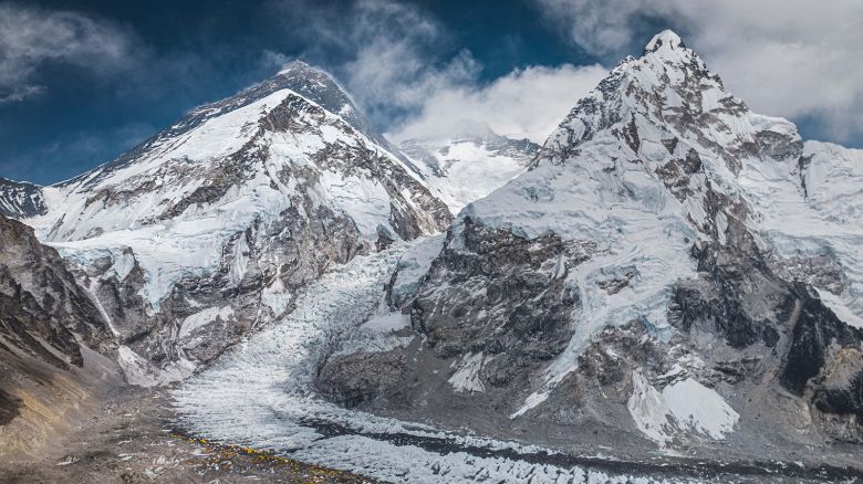 A drone view shows Mount Everest along with Khumbu Glacier and base camp in Nepal, April 30, 2024.