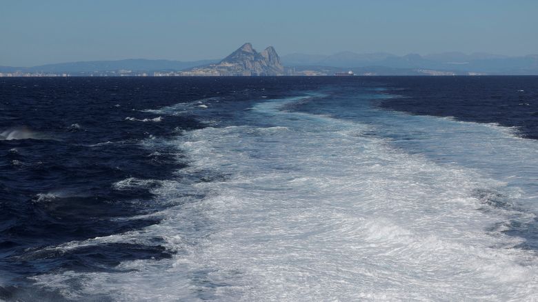The Rock of Gibraltar is seen from a ferry in the Strait of Gibraltar.