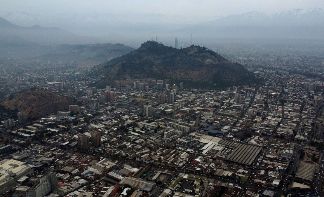 A drone view shows San Cristobal hill during a season of low temperatures in Santiago, Chile, May 15, 2024.