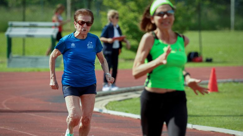 Italian master runner Emma Maria Mazzenga, 90, in action during the women's 100m W90 category race, in San Biagio di Callalta, Treviso, Italy, May 4, 2024. REUTERS/Remo Casilli
