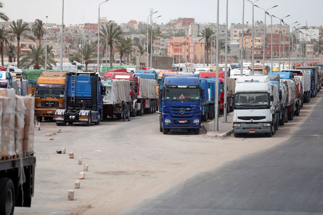 Trucks build up on the Egyptian side of the Rafah crossing, waiting to enter Gaza in April.