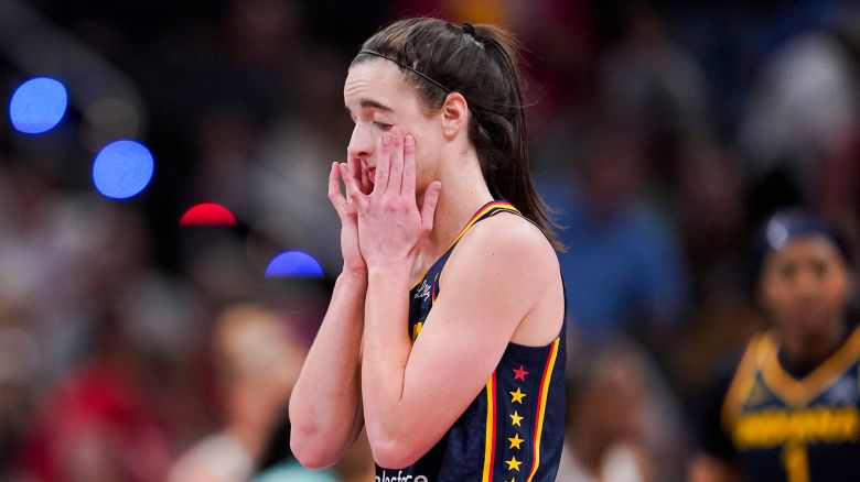 May 16, 2024; Indianapolis, IN, USA; Indiana Fever guard Caitlin Clark (22) shows frustration, Thursday, May 16, 2024, during the Indiana Fever home opener game against the New York Liberty at Gainbridge Fieldhouse in Indianapolis. Mandatory Credit: Grace Hollars-USA TODAY Sports