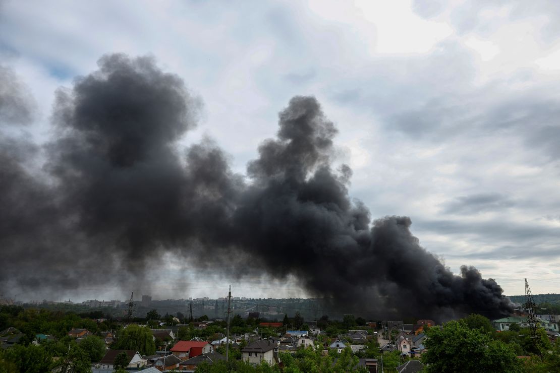 Smoke rises after a Russian missile strike in Kharkiv on May 17.