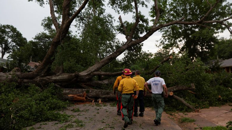 Houston Fire Department Wildland District 14 crews cut and remove pieces of a downed tree blocking a street after a severe storm caused widespread damage in Spring Branch, Texas, on May 17, 2024.