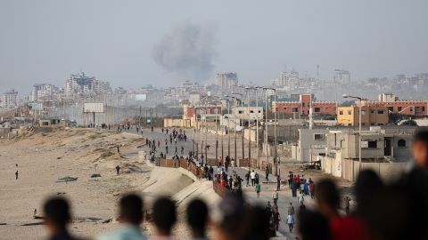 Smoke rises following an Israeli airstrike, amid the ongoing conflict between Israel and the Palestinian Islamist group Hamas, as seen from central Gaza Strip, May 18, 2024.