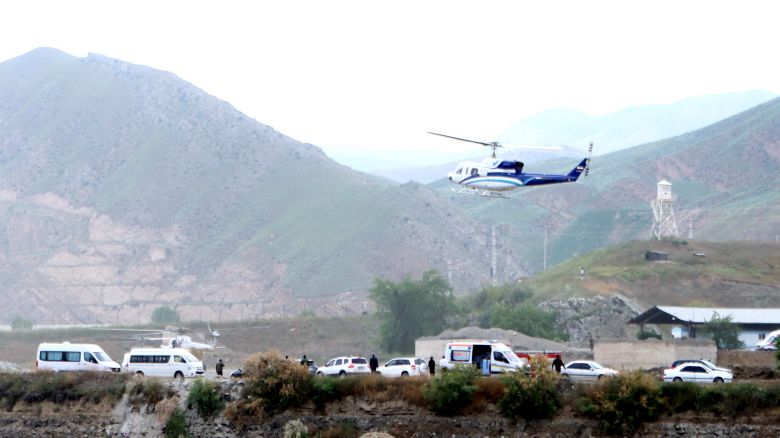 A helicopter carrying Iran's President Ebrahim Raisi takes off, near the Iran-Azerbaijan border, May 19, 2024. The helicopter with Raisi on board later crashed. This third-party photo was provided by the Islamic Republic News Agency and West Asia News Agency.